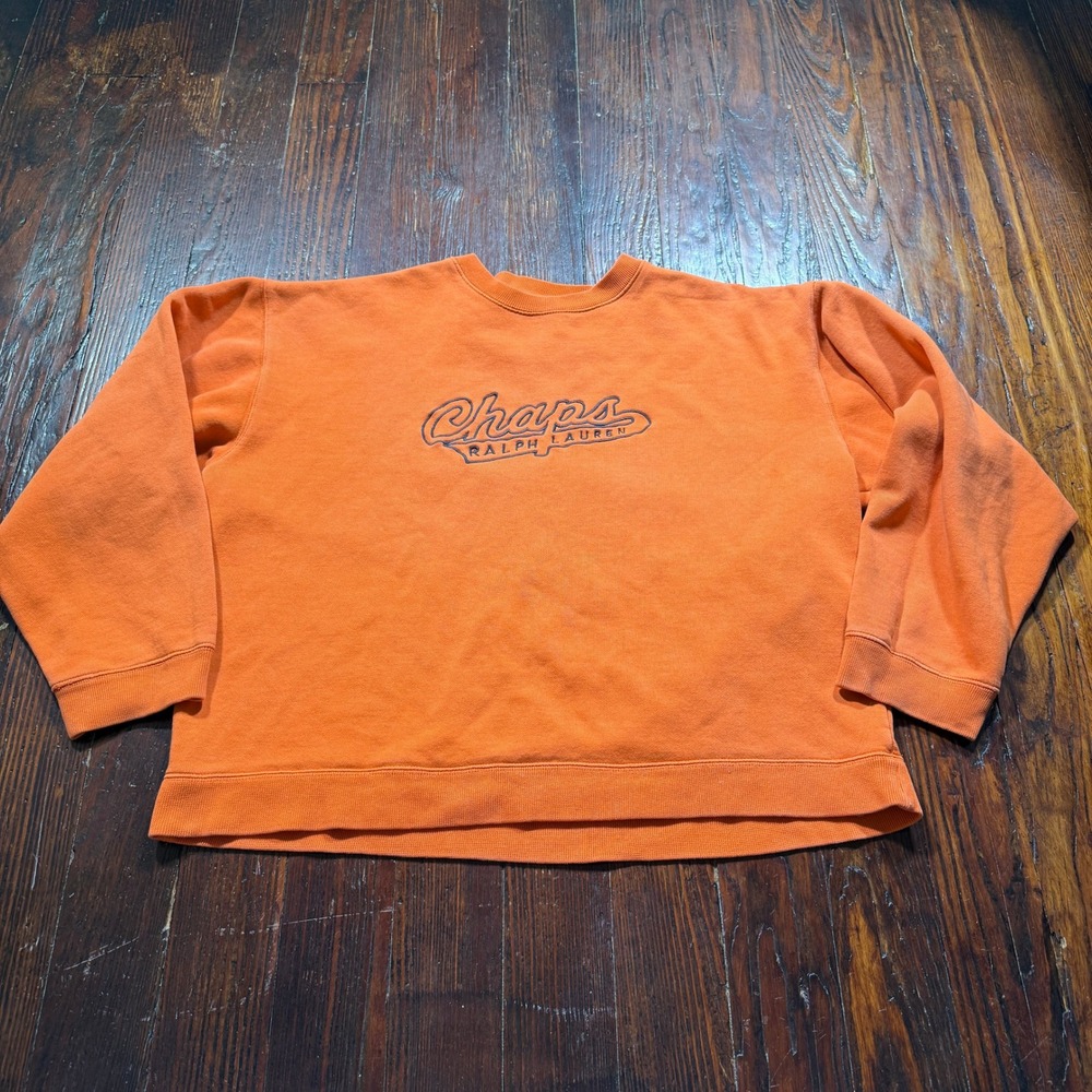 Chaps Ralph Lauren Sweatshirt Mens L Orange Crewneck Embroidered Boxy 90s Y2K